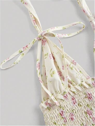 OYOANGLE Women's Boho Floral Print Tie Backless Halter Cami Tops Sleeveless Shirred Ruffle Peplum Top in Kuwait