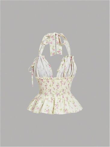 OYOANGLE Women's Boho Floral Print Tie Backless Halter Cami Tops Sleeveless Shirred Ruffle Peplum Top in Kuwait