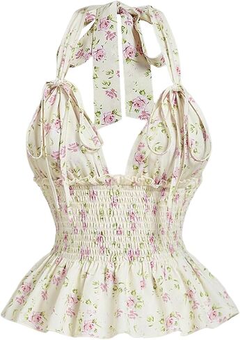 OYOANGLE Women's Boho Floral Print Tie Backless Halter Cami Tops Sleeveless Shirred Ruffle Peplum Top in Kuwait