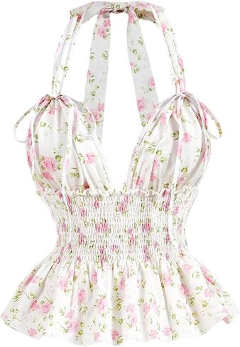 OYOANGLE Women's Boho Floral Print Tie Backless Halter Cami Tops Sleeveless Shirred Ruffle Peplum Top in Kuwait