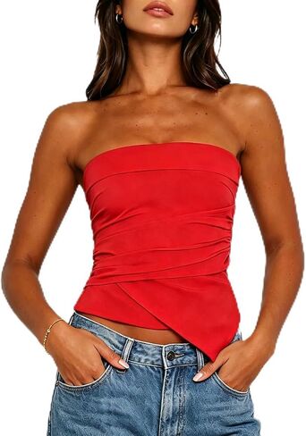 Seyurigaoka Going Out Tube Tops for Women Trendy Summer 2026 Y2K Strapless Asymmetrical Ruched Bodycon Bandeau Shirts in Saudi Arabia