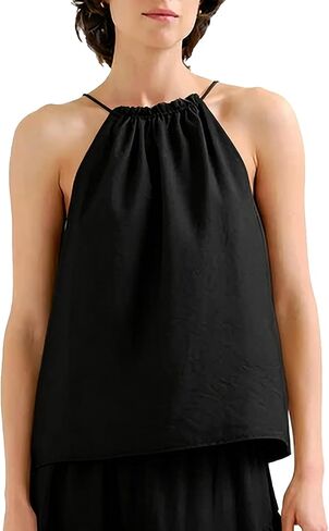 Womens Halter Neck Tank Top Back Tie Sleeveless Ruffled Gathered Neckline Flowy Summer Casual Cami Blouse in Kuwait