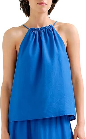 Womens Halter Neck Tank Top Back Tie Sleeveless Ruffled Gathered Neckline Flowy Summer Casual Cami Blouse in Kuwait