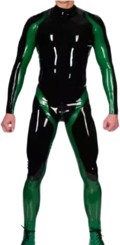 100% Latex Gummi Rubber Black and Green Catsuit Sport Bodysuit Cosplay Jumpsuit in Kuwait