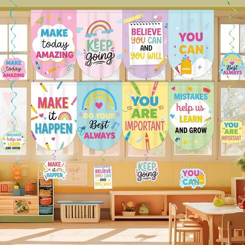 16Pcs Classroom Curtains Decor with Pastel Rainbow Hanging Swirls Back to School Decorations for Teacher Appreciation Week First Day of School Bedroom Window Cover Room in Saudi Arabia