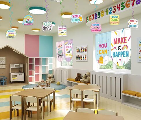 16Pcs Classroom Curtains Decor with Pastel Rainbow Hanging Swirls Back to School Decorations for Teacher Appreciation Week First Day of School Bedroom Window Cover Room in Saudi Arabia