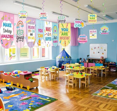16Pcs Classroom Curtains Decor with Pastel Rainbow Hanging Swirls Back to School Decorations for Teacher Appreciation Week First Day of School Bedroom Window Cover Room in Saudi Arabia