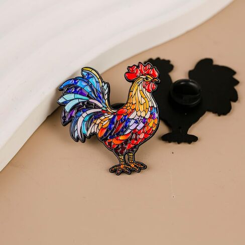 Stained-Glass Rooster Enamel Pin, Colorful Rooster Pin Brooch For Farmer Chicken Lover, Cute Farm Animal Brooch Badge, Farmhouse Chicken Mom Lapel Badges, Homesteading Gift, Folk Art Decorative Jewelry Accessory in Kuwait
