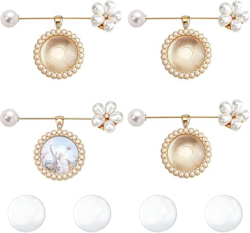 PH PandaHall 4pcs Wedding Bouquet Charms Flower Stick Lapel Pins Gold Brass Memorial Picture Charms with Imitation Pearl Floral and Glass Cabochons for Wedding Bouquet Photo Bride Jewelry DIY Gift in Kuwait