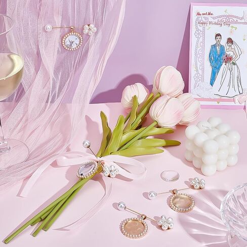 PH PandaHall 4pcs Wedding Bouquet Charms Flower Stick Lapel Pins Gold Brass Memorial Picture Charms with Imitation Pearl Floral and Glass Cabochons for Wedding Bouquet Photo Bride Jewelry DIY Gift in Kuwait