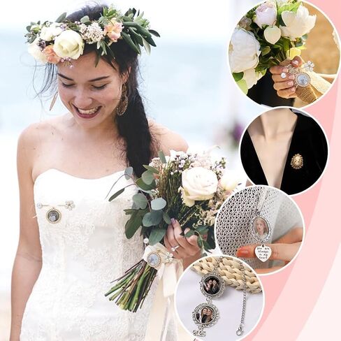 PH PandaHall 4pcs Wedding Bouquet Charms Flower Stick Lapel Pins Gold Brass Memorial Picture Charms with Imitation Pearl Floral and Glass Cabochons for Wedding Bouquet Photo Bride Jewelry DIY Gift in Kuwait