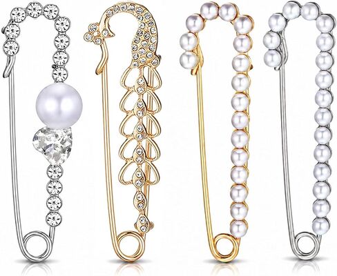 4 Pieces Pearl Safety Pins for Clothes Brooches and Pins for Women Decorative Safety Pin Faux Pearl Crystal Brooch Pin Rhinestone-Pin Sweater Shawl Clip for Women Dress Scarf Clothes Gold, Silver in Kuwait