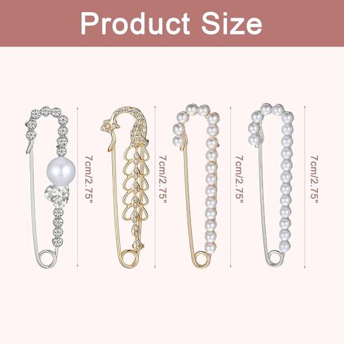 4 Pieces Pearl Safety Pins for Clothes Brooches and Pins for Women Decorative Safety Pin Faux Pearl Crystal Brooch Pin Rhinestone-Pin Sweater Shawl Clip for Women Dress Scarf Clothes Gold, Silver in Kuwait