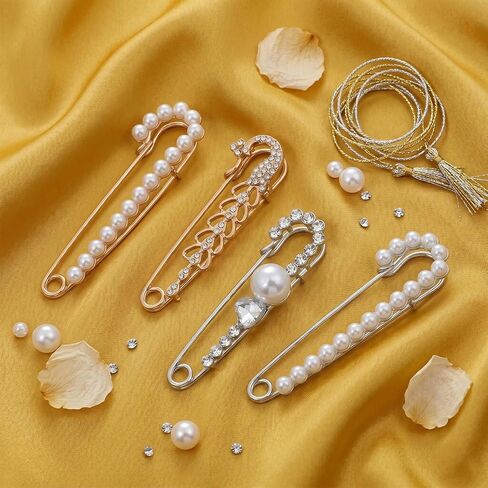 4 Pieces Pearl Safety Pins for Clothes Brooches and Pins for Women Decorative Safety Pin Faux Pearl Crystal Brooch Pin Rhinestone-Pin Sweater Shawl Clip for Women Dress Scarf Clothes Gold, Silver in Kuwait