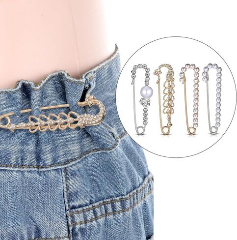 4 Pieces Pearl Safety Pins for Clothes Brooches and Pins for Women Decorative Safety Pin Faux Pearl Crystal Brooch Pin Rhinestone-Pin Sweater Shawl Clip for Women Dress Scarf Clothes Gold, Silver in Kuwait