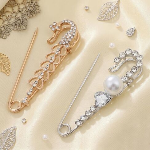 4 Pieces Pearl Safety Pins for Clothes Brooches and Pins for Women Decorative Safety Pin Faux Pearl Crystal Brooch Pin Rhinestone-Pin Sweater Shawl Clip for Women Dress Scarf Clothes Gold, Silver in Kuwait