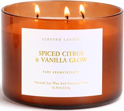 Spiced Citrus & Vanilla Glow Scented Candle | 3-Wick Large Soy Candle 15.8 oz | Highly Scented Cinnamon Aromatherapy Candle for Women & Men | Warm Cozy Home Scent | Clean Burn Long Lasting in Saudi Arabia