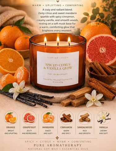 Spiced Citrus & Vanilla Glow Scented Candle | 3-Wick Large Soy Candle 15.8 oz | Highly Scented Cinnamon Aromatherapy Candle for Women & Men | Warm Cozy Home Scent | Clean Burn Long Lasting in Saudi Arabia