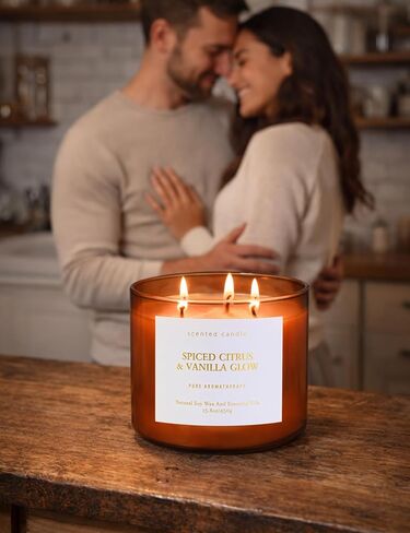 Spiced Citrus & Vanilla Glow Scented Candle | 3-Wick Large Soy Candle 15.8 oz | Highly Scented Cinnamon Aromatherapy Candle for Women & Men | Warm Cozy Home Scent | Clean Burn Long Lasting in Saudi Arabia