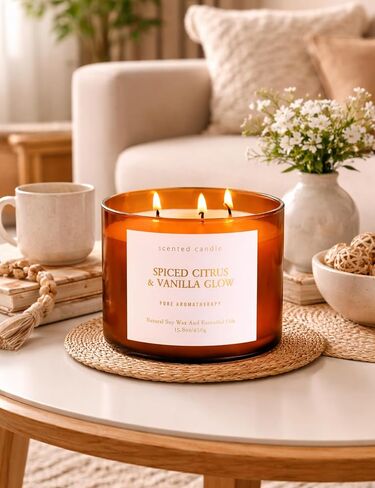 Spiced Citrus & Vanilla Glow Scented Candle | 3-Wick Large Soy Candle 15.8 oz | Highly Scented Cinnamon Aromatherapy Candle for Women & Men | Warm Cozy Home Scent | Clean Burn Long Lasting in Saudi Arabia