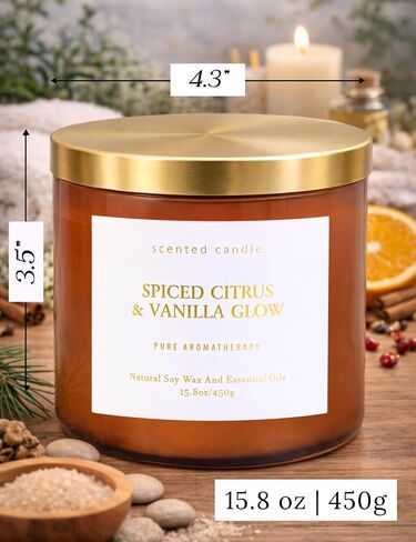 Spiced Citrus & Vanilla Glow Scented Candle | 3-Wick Large Soy Candle 15.8 oz | Highly Scented Cinnamon Aromatherapy Candle for Women & Men | Warm Cozy Home Scent | Clean Burn Long Lasting in Saudi Arabia