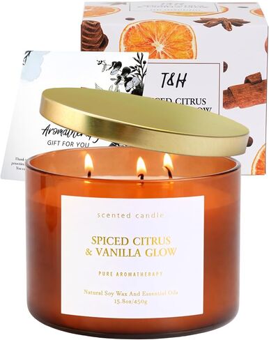 Spiced Citrus & Vanilla Glow Scented Candle | 3-Wick Large Soy Candle 15.8 oz | Highly Scented Cinnamon Aromatherapy Candle for Women & Men | Warm Cozy Home Scent | Clean Burn Long Lasting in Saudi Arabia