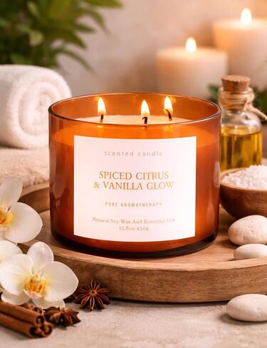 Spiced Citrus & Vanilla Glow Scented Candle | 3-Wick Large Soy Candle 15.8 oz | Highly Scented Cinnamon Aromatherapy Candle for Women & Men | Warm Cozy Home Scent | Clean Burn Long Lasting in Saudi Arabia