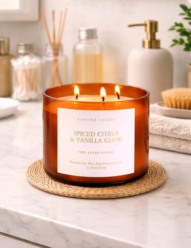 Spiced Citrus & Vanilla Glow Scented Candle | 3-Wick Large Soy Candle 15.8 oz | Highly Scented Cinnamon Aromatherapy Candle for Women & Men | Warm Cozy Home Scent | Clean Burn Long Lasting in Saudi Arabia