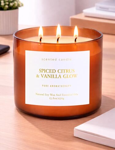 Spiced Citrus & Vanilla Glow Scented Candle | 3-Wick Large Soy Candle 15.8 oz | Highly Scented Cinnamon Aromatherapy Candle for Women & Men | Warm Cozy Home Scent | Clean Burn Long Lasting in Saudi Arabia