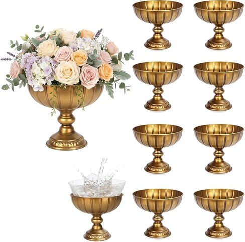 Large Gold Vases for Centerpieces Set of 2, Wide Opening Metal Pedestal Bowls with Waterproof Liners for Wedding Table Centerpieces, Party & Home Decor in Saudi Arabia