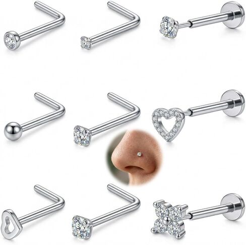 AceFun L Shape Nose Stud Flat Back 18G Threadless Gold Nose Stud for Women Men 316L Stainless Steel CZ Diamond Heart Ball Helix Tragus Piercing Jewelry Nostril Studs 9 Pieces Set in Saudi Arabia