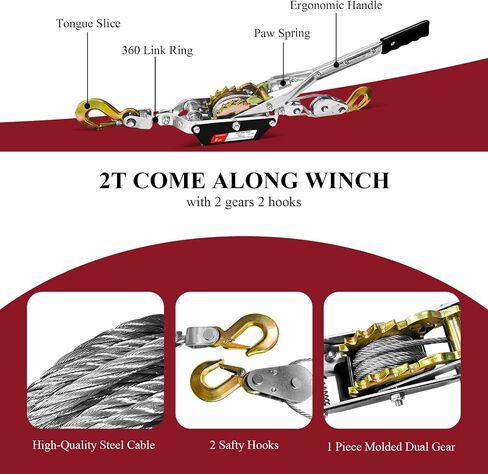 Come Along Winch 2-Ton (4400 Lbs) Pulling Capacity with Two 1" x8FT Lifting Sling Heavy Duty Power Cable Come Along Tool with Dual Gears 7 Ft 2 Hooks Cable Winch Puller for Recovery Gear in Kuwait