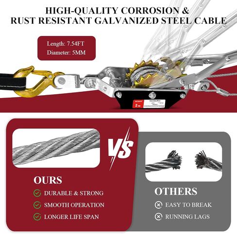 Come Along Winch 2-Ton (4400 Lbs) Pulling Capacity with Two 1" x8FT Lifting Sling Heavy Duty Power Cable Come Along Tool with Dual Gears 7 Ft 2 Hooks Cable Winch Puller for Recovery Gear in Kuwait