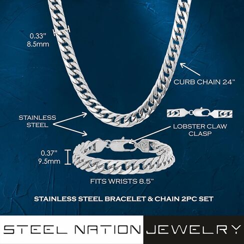 Men's 2-Piece Stainless Steel Chain & Bracelet Set | Hypoallergenic in Kuwait