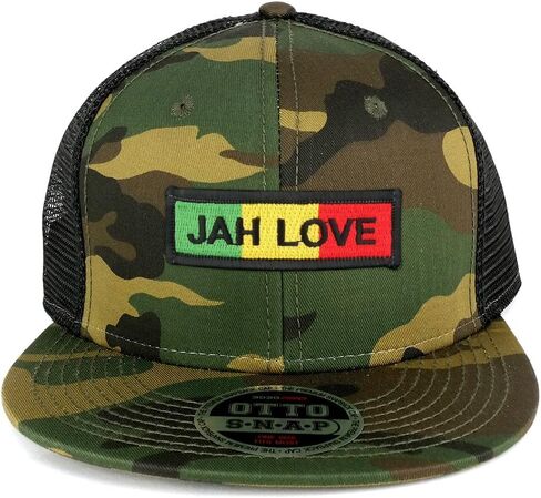Jah Love قبعة شبكية مطرزة باللون الأخضر والأصفر والأحمر المموهة in Kuwait