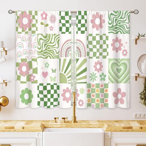 70s Retro Cute Green Pink Flower Small Kitchen Curtains Checkered Groovy Window Treatment Funky Rod Pocket Cafe Short Window Curtains for Bathroom Dining Room Tier Treatment Drape 27.5x39 inch in Saudi Arabia