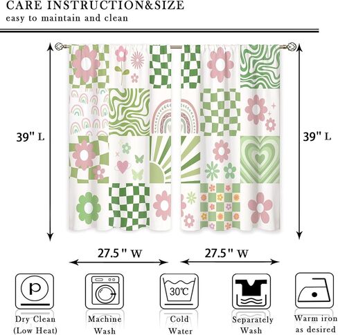 70s Retro Cute Green Pink Flower Small Kitchen Curtains Checkered Groovy Window Treatment Funky Rod Pocket Cafe Short Window Curtains for Bathroom Dining Room Tier Treatment Drape 27.5x39 inch in Saudi Arabia