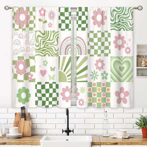 70s Retro Cute Green Pink Flower Small Kitchen Curtains Checkered Groovy Window Treatment Funky Rod Pocket Cafe Short Window Curtains for Bathroom Dining Room Tier Treatment Drape 27.5x39 inch in Saudi Arabia