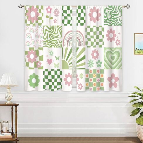 70s Retro Cute Green Pink Flower Small Kitchen Curtains Checkered Groovy Window Treatment Funky Rod Pocket Cafe Short Window Curtains for Bathroom Dining Room Tier Treatment Drape 27.5x39 inch in Saudi Arabia