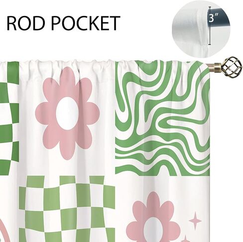 70s Retro Cute Green Pink Flower Small Kitchen Curtains Checkered Groovy Window Treatment Funky Rod Pocket Cafe Short Window Curtains for Bathroom Dining Room Tier Treatment Drape 27.5x39 inch in Saudi Arabia