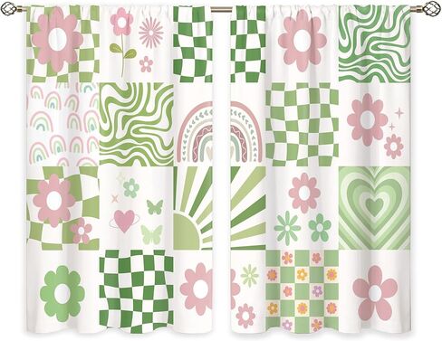 70s Retro Cute Green Pink Flower Small Kitchen Curtains Checkered Groovy Window Treatment Funky Rod Pocket Cafe Short Window Curtains for Bathroom Dining Room Tier Treatment Drape 27.5x39 inch in Saudi Arabia