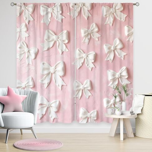 Pink White Bow Curtains 42Wx63H Inch Rod Pocket Cute Art Printed Women Girls Living Room Bedroom Window Drapes Treatment 2 Panels in Saudi Arabia
