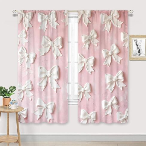 Pink White Bow Curtains 42Wx63H Inch Rod Pocket Cute Art Printed Women Girls Living Room Bedroom Window Drapes Treatment 2 Panels in Saudi Arabia