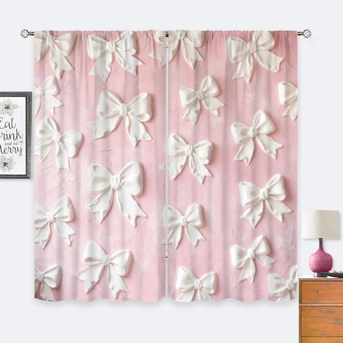 Pink White Bow Curtains 42Wx63H Inch Rod Pocket Cute Art Printed Women Girls Living Room Bedroom Window Drapes Treatment 2 Panels in Saudi Arabia