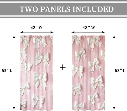 Pink White Bow Curtains 42Wx63H Inch Rod Pocket Cute Art Printed Women Girls Living Room Bedroom Window Drapes Treatment 2 Panels in Saudi Arabia