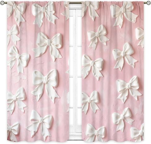 Pink White Bow Curtains 42Wx63H Inch Rod Pocket Cute Art Printed Women Girls Living Room Bedroom Window Drapes Treatment 2 Panels in Saudi Arabia
