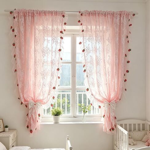 Romantic Pink Lace Sheer Curtains with Strawberry Embroidery | Rod Pocket Window Curtains with Ruffle Trim for Girls Bedroom, Princess Room 2 Panels in Saudi Arabia