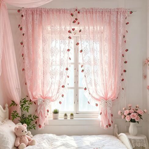 Romantic Pink Lace Sheer Curtains with Strawberry Embroidery | Rod Pocket Window Curtains with Ruffle Trim for Girls Bedroom, Princess Room 2 Panels in Saudi Arabia
