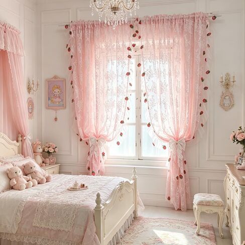 Romantic Pink Lace Sheer Curtains with Strawberry Embroidery | Rod Pocket Window Curtains with Ruffle Trim for Girls Bedroom, Princess Room 2 Panels in Saudi Arabia