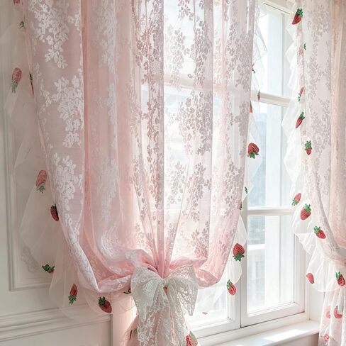 Romantic Pink Lace Sheer Curtains with Strawberry Embroidery | Rod Pocket Window Curtains with Ruffle Trim for Girls Bedroom, Princess Room 2 Panels in Saudi Arabia